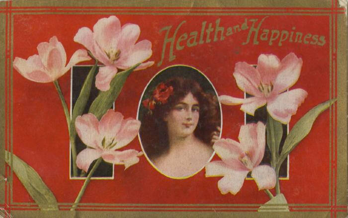 Portrait of a girl with red background. Two dark boxes on either side of her with large pink flowers over them. There is a gold border.